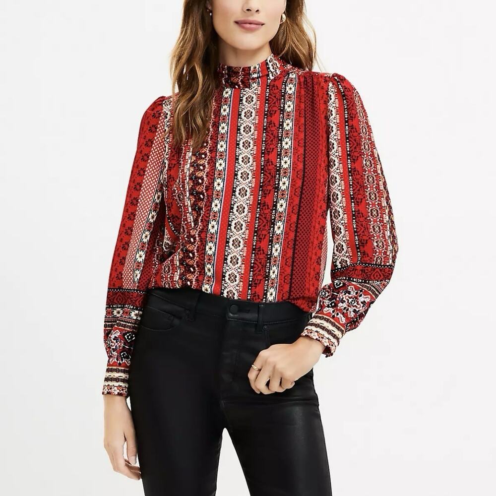 LOFT Red Print Tie Back Long Sleeve Top XS NWT